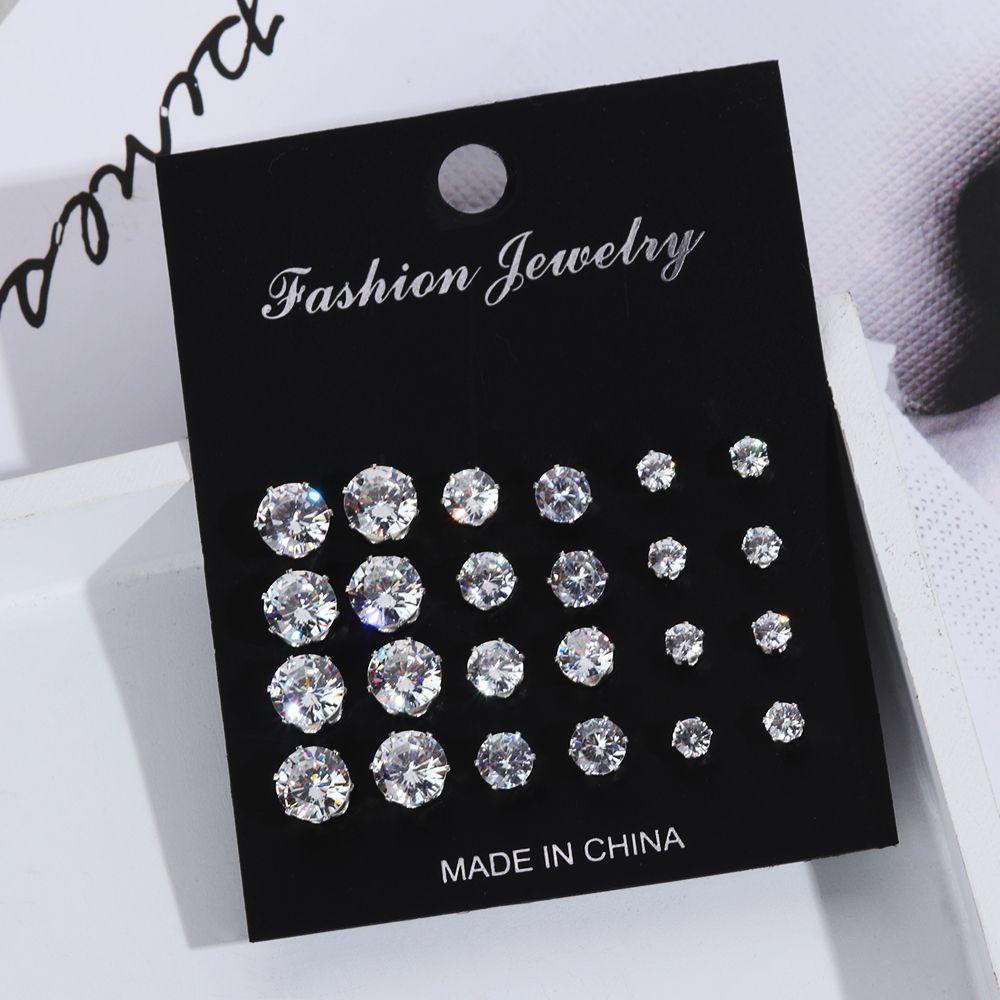 SUYO 6/12pasang Set Anting Pejantan Indah Hadiah Perhiasan Pernikahan Zirkon Bulat