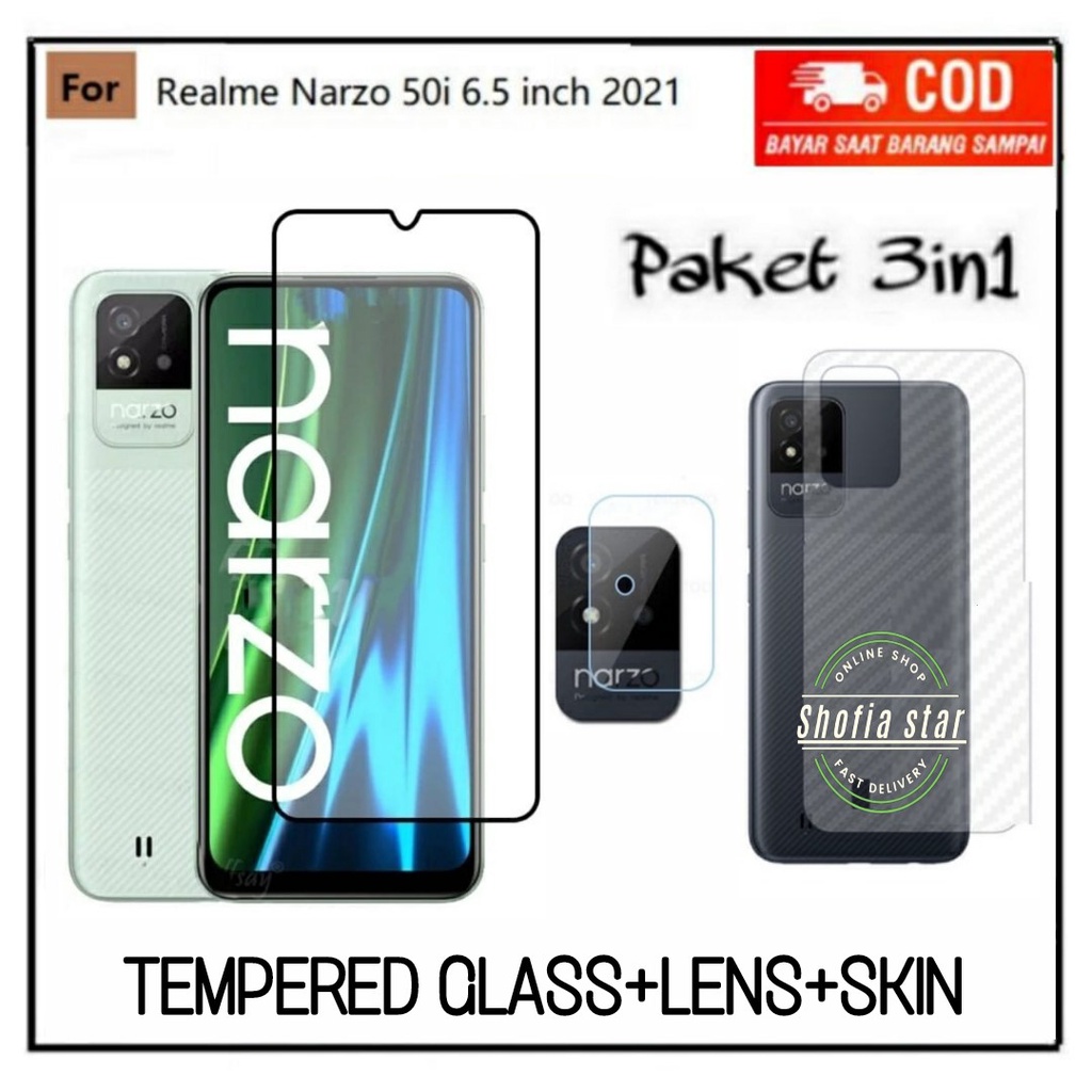 3IN1 TEMPERED GLASS NARZO 50I TG LAYAR ANTIGORES KACA FULL COVER