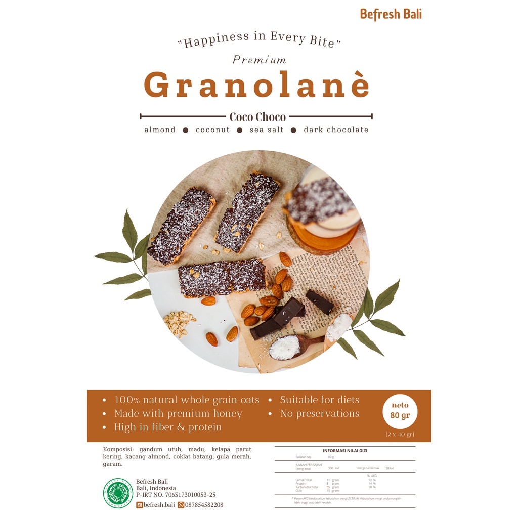 

Granolane Coconut Chocolate Premium / Makanan Ringan Sehat / Snack Diet/ Granola Bar / Oleh Oleh Bali (2x40gr)