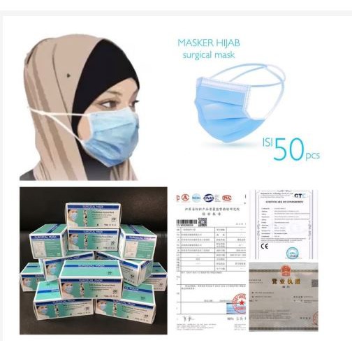 Masker Hijab Surgical Mask 3 ply isi 50 pcs Bersertifikat Tanpa BOX