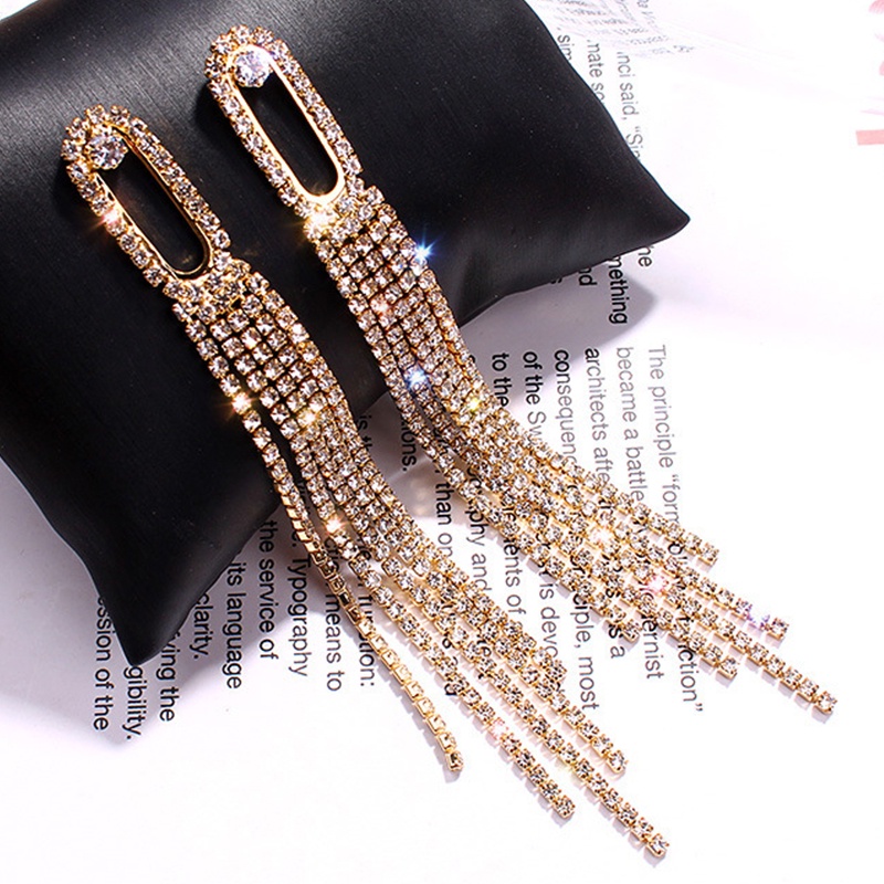 Gold and Silver Rectangle Hollow Geometric Long Tassel Rhinestone Stud Earrings