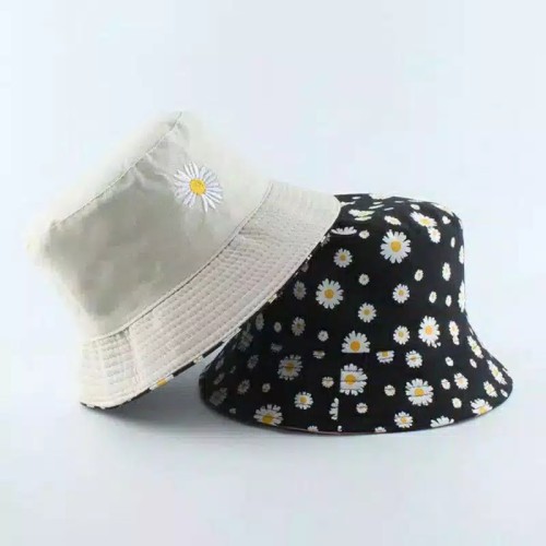 Topi Bucket Dua Sisi Anti Uv Motif Bordir dan Sablon Bunga Daisy Bahan Drilll / Daisy 002-Putih Bunga Anak