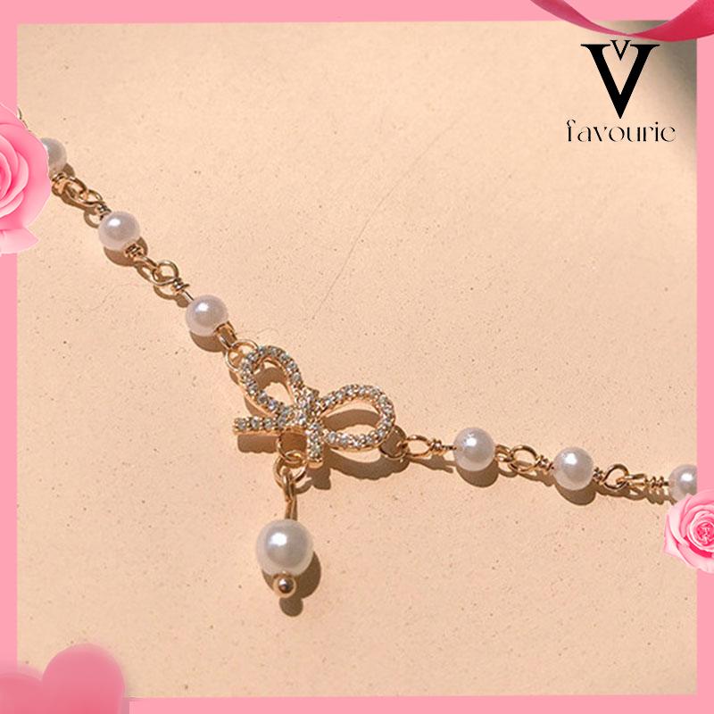 [COD]Micro-Inlaid Bow Pearl Bracelet Electroplating Manis Serbaguna Perhiasan Pacar-FA