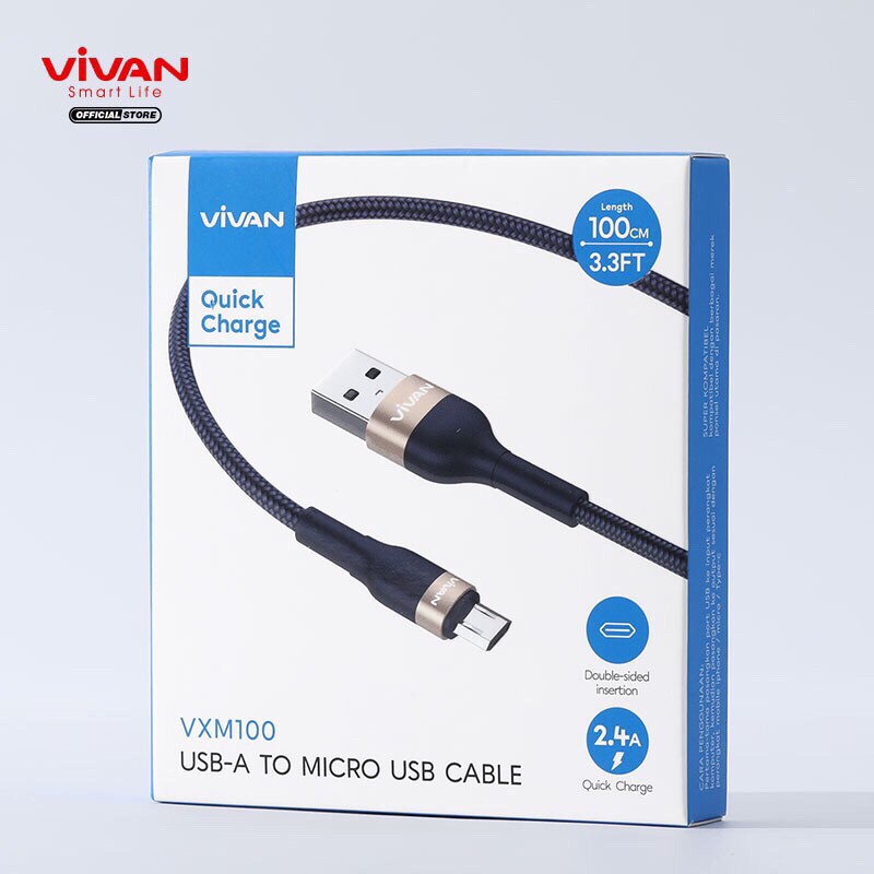 VIVAN Kabel Data Micro USB Android 100cm Fast Charging 2.4A Garansi Resmi 1 Tahun VXM100