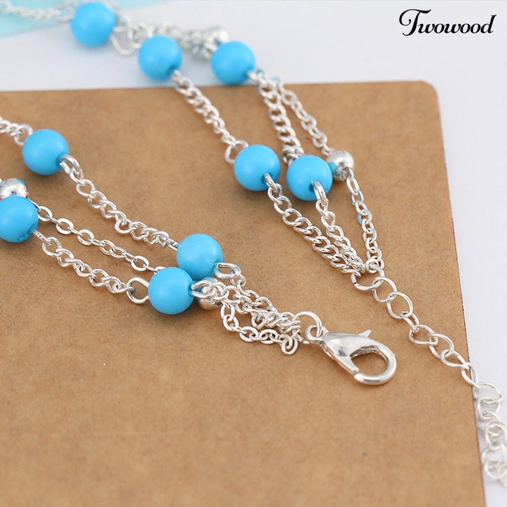 Gelang Kaki Rantai Banyak Lapis Aksen Manik-Manik Biru Bentuk Geometris Tahan Lama Untuk Wanita