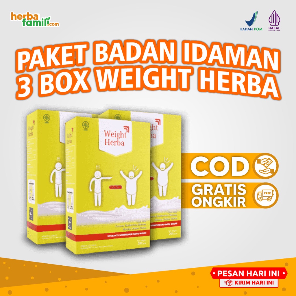 

Weight Herba Original Paket 3 Box - Penambah Nafsu Makan dan Berat Badan Secara Aman Alami Tanpa Olah Raga Rendah Gula