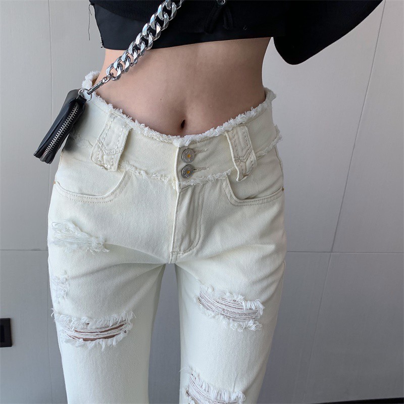 Suhao White High Waist Broken Jeans Celana Panjang Straight Wide Pants Drop Pants Versi Korea Fur Pants Pakaian Wanita Musim Semi dan Musim Panas