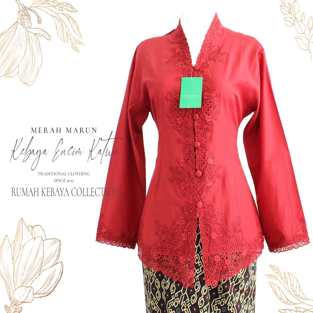 Kebaya Encim Kartini Katun Bordir Modern Merah Marun Rajasa Lengan Panjang Jumbo