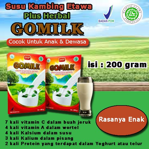 

SUSU KAMBING ETAWA GOMILK 200 gr Mengandung Buah-buahan,daun kelor dan bahan herbal lain