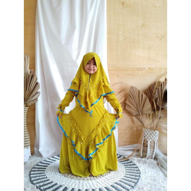 SET GAMIS SYARI BAJU MUSLIM LEBARAN COUPLE IBU ANAK MOM KIDS PEREMPUAN CERUTY MUTIARA KHIMAR PET ORI
