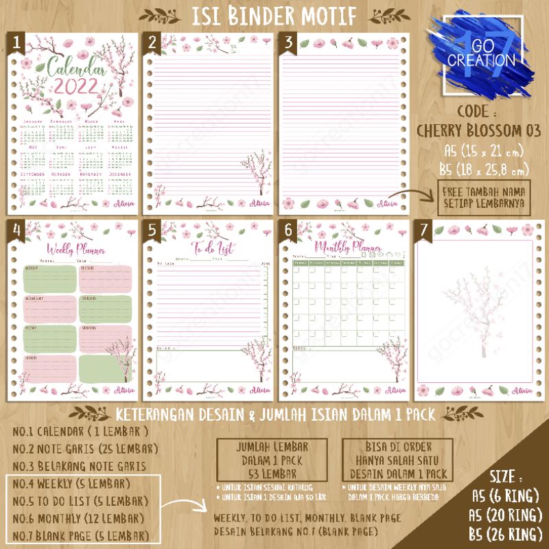 

Buku Planner isi Kertas Binder Motif Cherry Blossom 03 Premium A5 ring 20 dan A5 ring 6