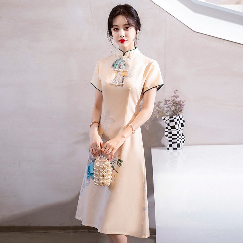 New Chinese Traditional Clothing Chiffon Elegant Wedding Short Sleeve Modern Cheongsam Dress Women A-line Midi Dresses Casual Party Summer Qipao