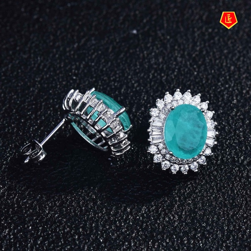 [Ready Stock]Natural Paraiba Micro-Inlaid Full Diamond Earrings