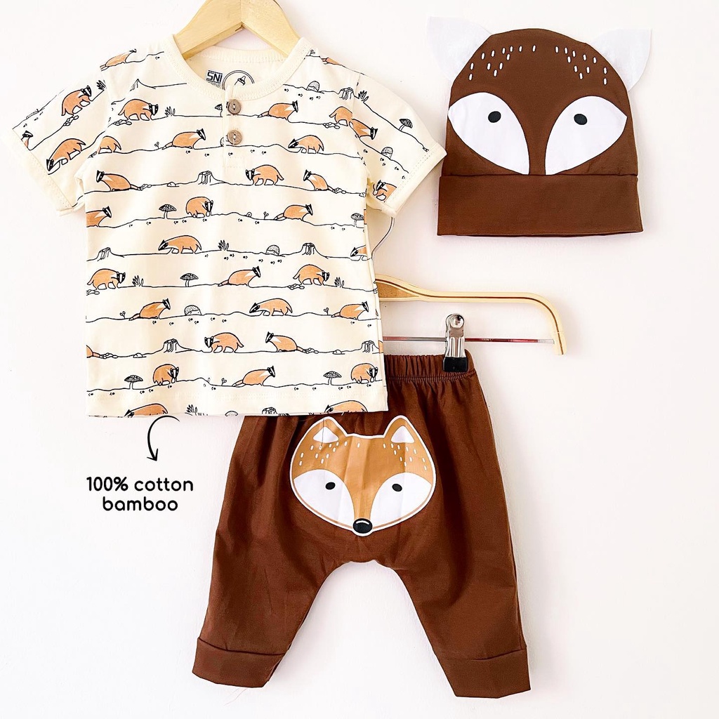 FOX AND BADGER SUIT by Babybeb (ber SNI) / BEAR CUB Baju Setelan Kaos Celana Pergi Jalan Lucu Fashion Anak Bayi Cowok Laki Terlaris Lucu