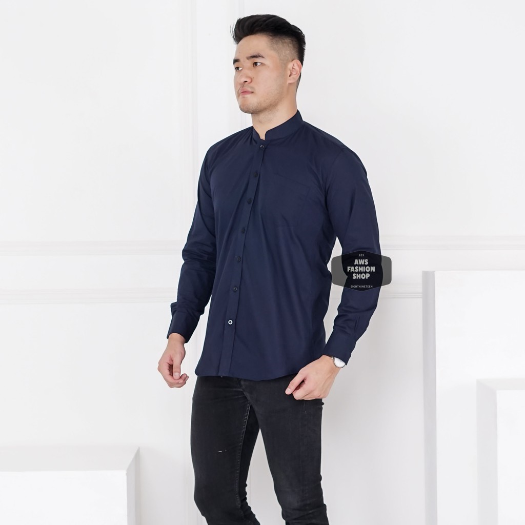 Kemeja Panjang Biru Navy Dark Blue Kerah Shanghai Pria Cowok Casual