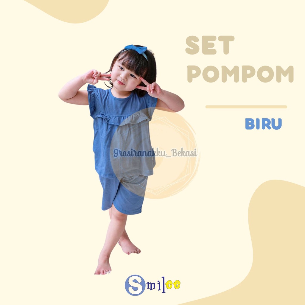 Setelan Anak Kaos Smilee Pompom Warna Biru Size 1-5Thn