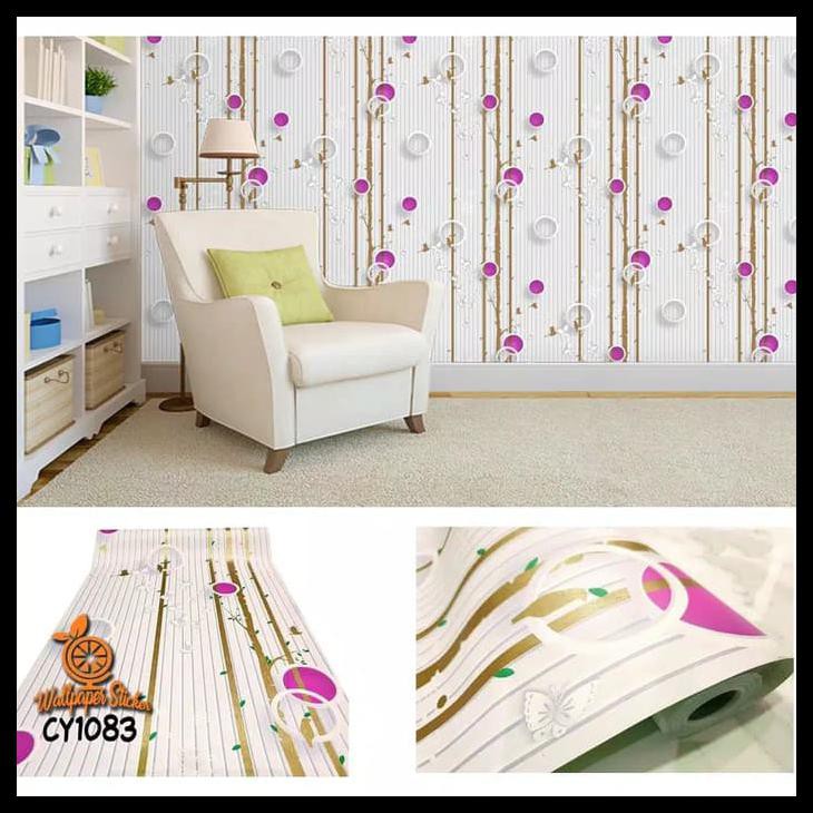 Wallpaper Stiker Dinding Walpaper Sticker CY1083 pink Hijau Leaves N Bubbles 10 m X 45 cm