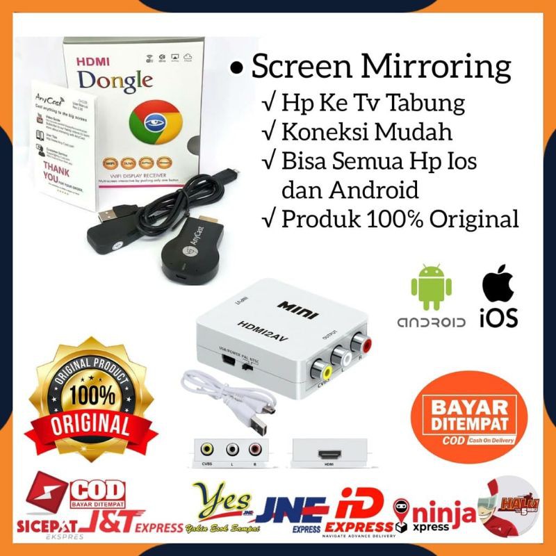 PAKET HDMI DONGLE + HDMI TO AV RCA + CABLE RCA KONVERTOR DARI HP KE TV TABUNG