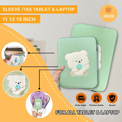 Sleeve Pouch Sarung Tas Bag Case Ipad Tab Tablet Macbook Air Pro Laptop Asus Acer Lenovo HP Huawei 11 12 13 14 15 inch Motif Gambar Beruang Bear Warna Hijau Lucu Cute Murah Korean Model