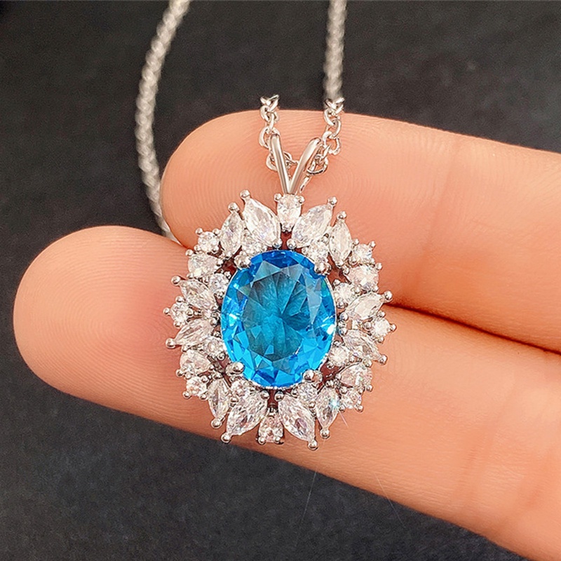 Kalung Liontin Cubic Zirconia Warna Biru Untuk Wanita