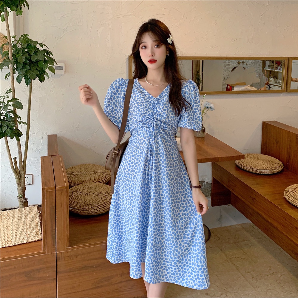 pakaian wanita korea COD Fashion New 2022 daster kerut dada Korean Style dress Blue Green Floral Lace-up Waist Short Sleeve Drawstring V Neck Midi dress biru for Women Summer A-Line tunik Casual Dresses biru  dress wanita 2023 korea