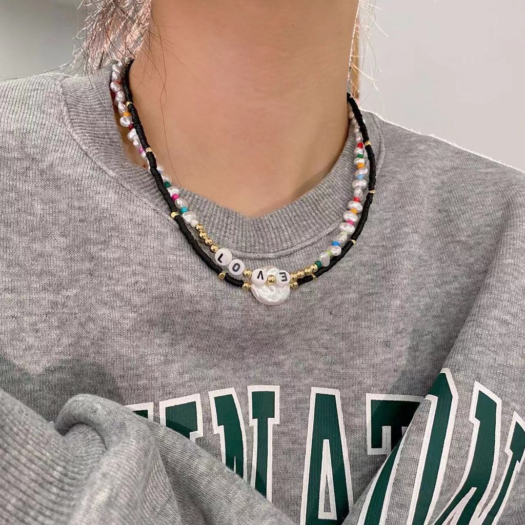 Kalung Rantai Double Layer Aksen Manik-Manik Warna Biru