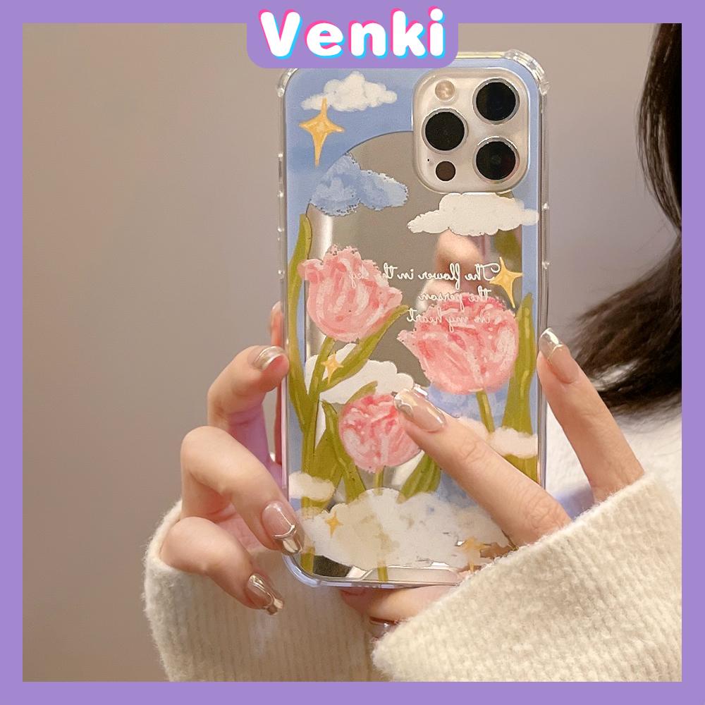 iPhone Case Acrylic HD Mirror Laser Airbag Shockproof Protection Camera Cute Oil Painting Pink Flowers Compatible For iPhone 11 iPhone 13 Pro Max iPhone 12 Pro Max iPhone 7 Plus xr