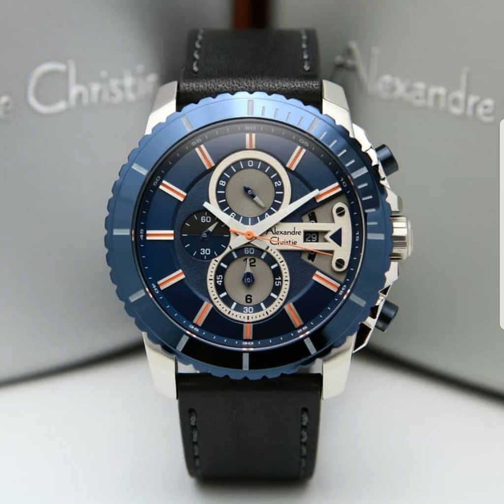AC Alexandre Christie  6527  jam tangan pria tali kulit hitam blue
