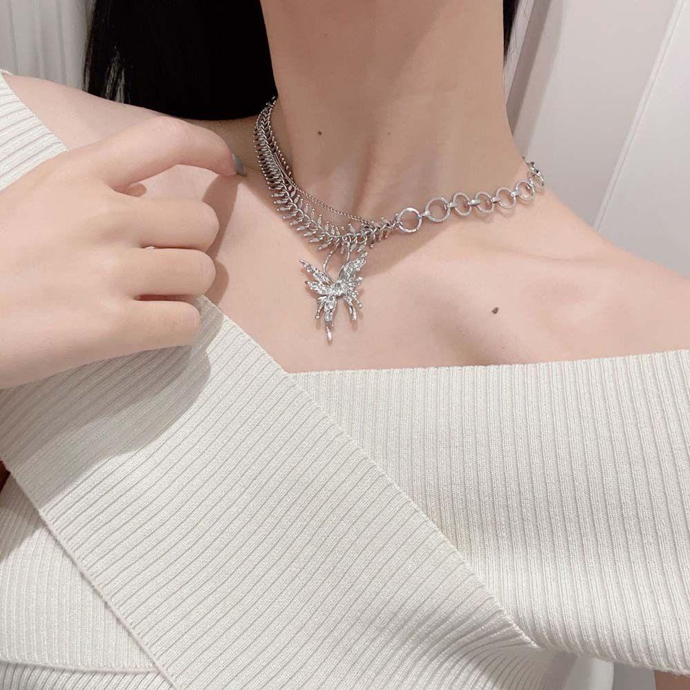 NEEDWAY Wanita Kalung Hadiah Adjustable Rantai Klavikula Pacar Rantai Leher Logam Tulang Selangka Choker Liontin Kupu-Kupu