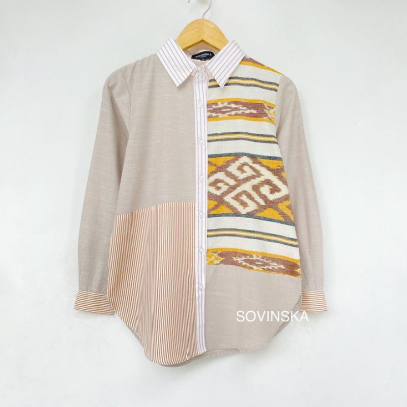 Atasan Tenun Kombinasi WP 221 Kuning Blus Blouse Baju Kerja wanita Kemeja Batik Lengan Panjang Hem M