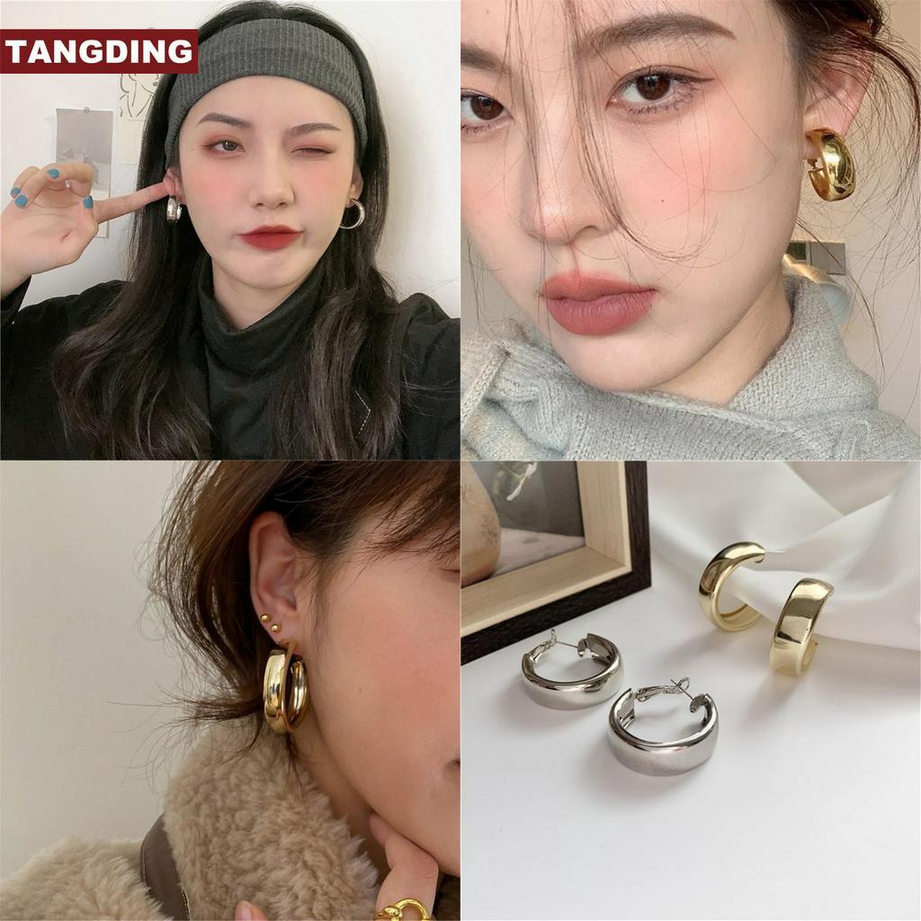 Anting Stud Bentuk Oval Model Terbuka Bahan Logam Warna Emas Perak Untuk Aksesoris