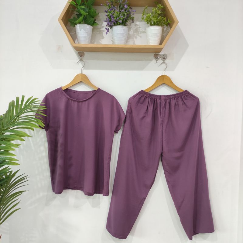 BAJU TIDUR POLOS PIYAMA POLOS CELANA PANJANG LENGAN PENDEK BAHAN RAYON babbydoll-POLOS UNGGU TERONG