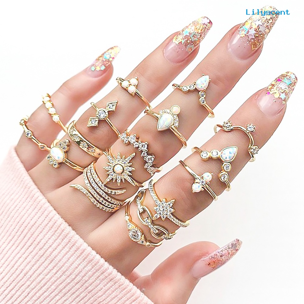 17pcs / Set Cincin Jari Permata Berlian Imitasi Gaya Bohemian Untuk Wanita