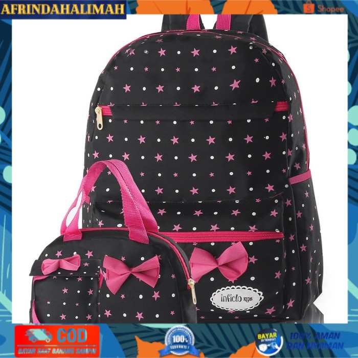 

{TERBARU} Tas sekolah anak perempuan 1 Set Tas backpack hitam pink volka INFkids