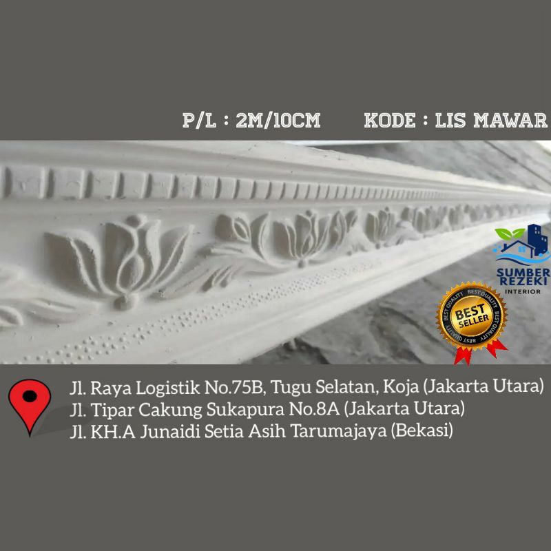 Lis/List Profil Gypsum Plafon, Motif Mawar 10cm