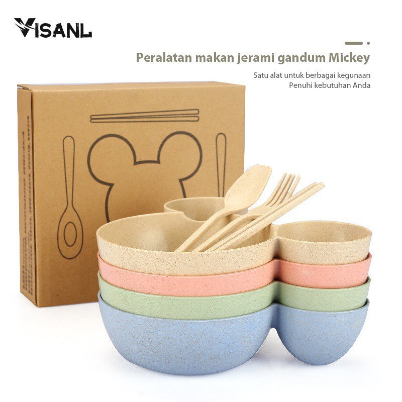 Mangkok Set Peralatan Makan Anak 4 in1Bahan Jerami Gandum Children Tableware Piring Kartun VS-25-Random