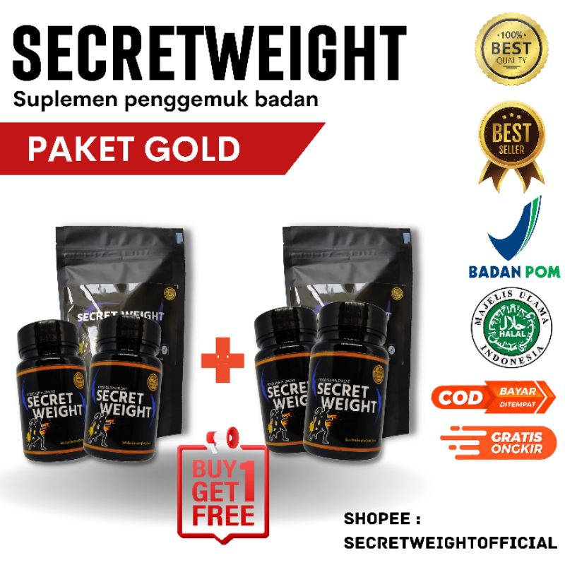 

SECRETWEIGHT PAKET GOLD 4 botol + 2 pouch PENGGEMUK MENAMBAH BERAT BADAN SUPLEMEN PENAMBAH NAFSU MAKAN ANAK DAN DEWASA OBAT GEMUK TAMBAH BB CEPAT AMAN TANPA EFEK SAMPING HALAL MUI BPOM ALAMI ORIGINAL TERBUKTI AMPUH