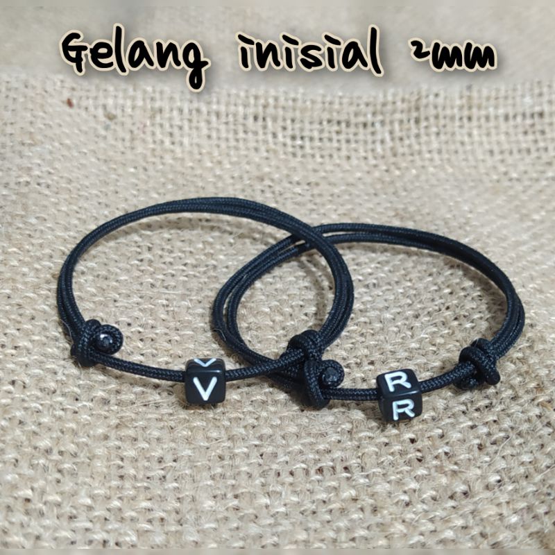 Gelang Nama Inisial 2mm Hitam Polos Bebas Pilih Huruf Ready A-Z