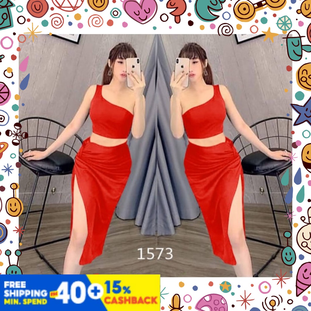 black grey orange whtite blue green pink fanta / 1573 Dress Wanita Sexy/One Shoulder+Rok Slit/Stelan