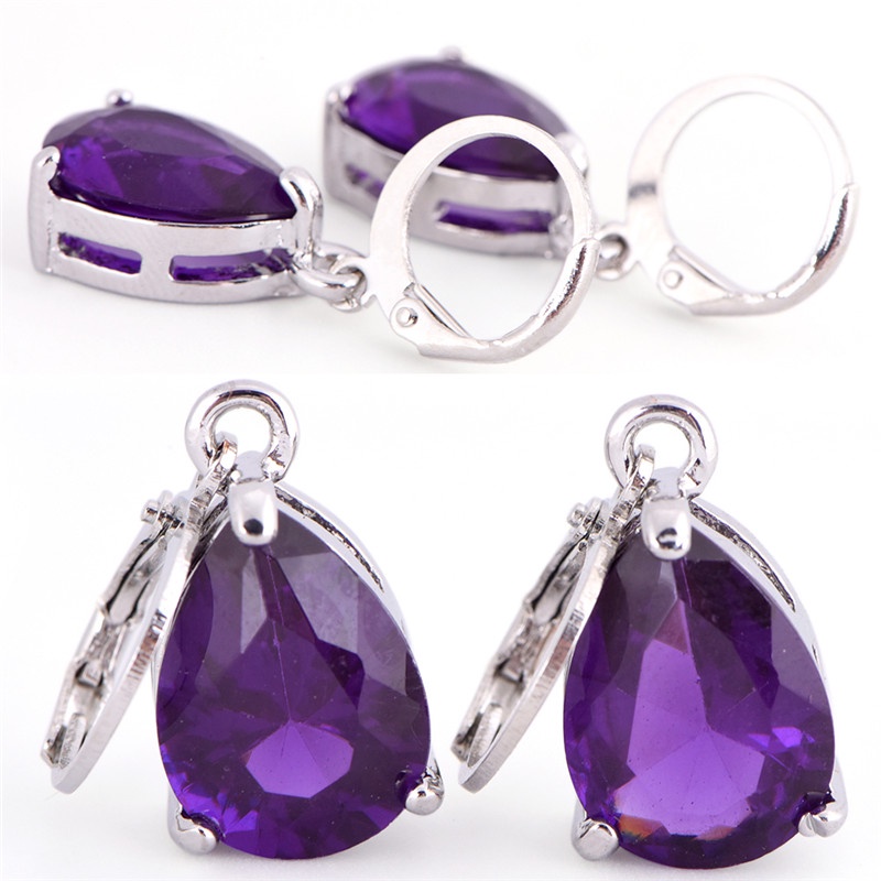 Anting Stud Hoop Lapis Silver Hias Amethyst Sapphire Untuk Wanita