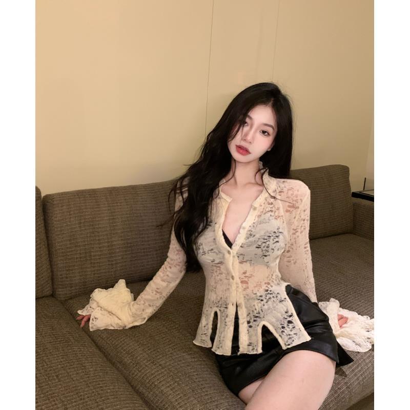 atasan renda impor kemeja renda perancis pure keinginan kemeja beige spring waist cropped top seksi