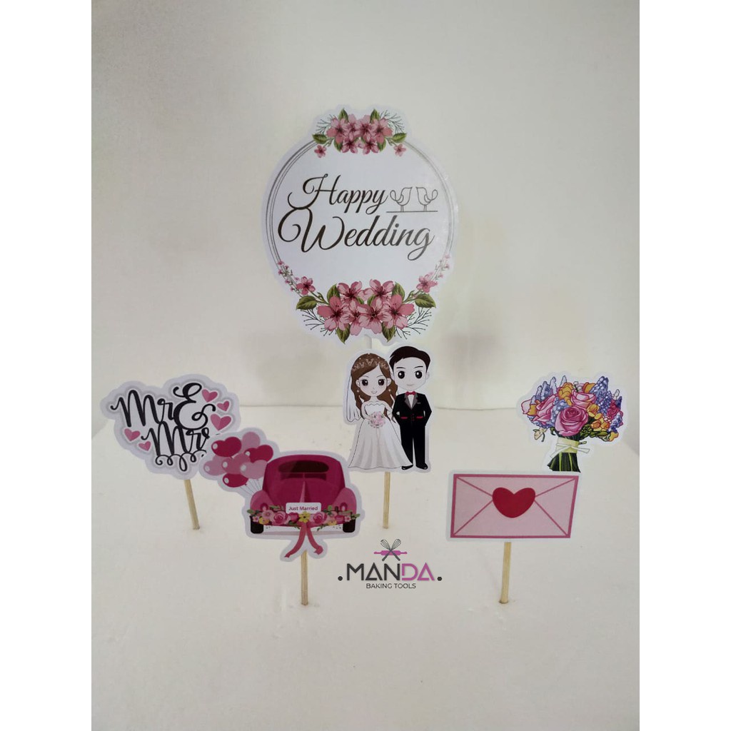 Topper kertas karakter kue tart puding  Happy wedding