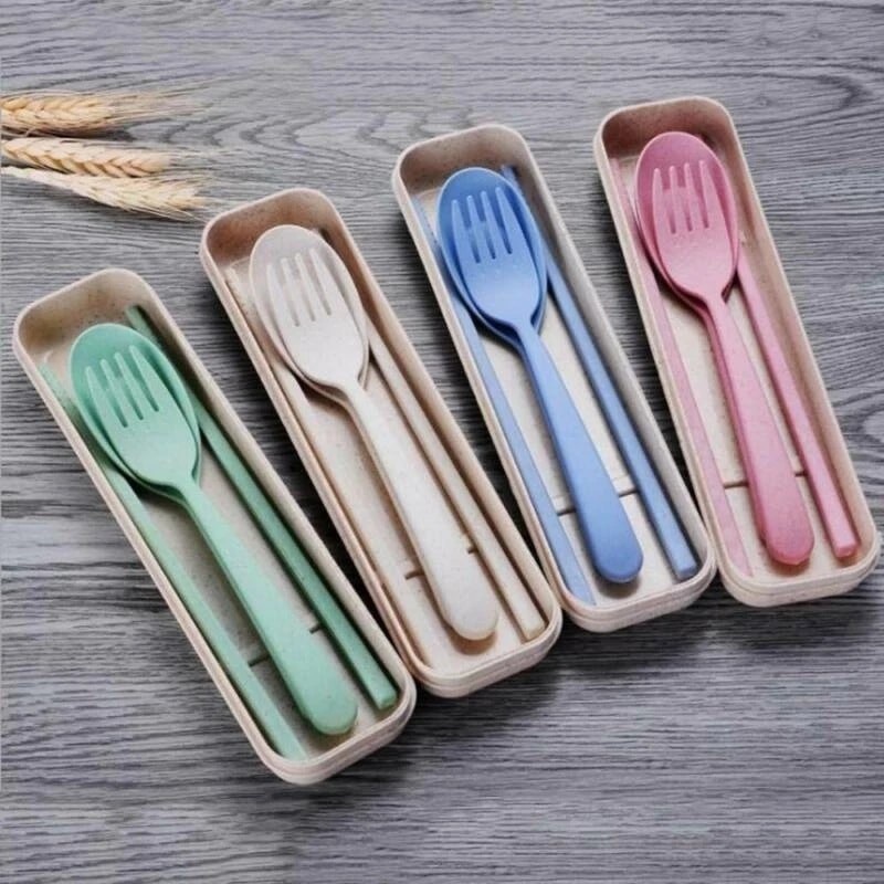 Sendok Set Jerami Wheat Alat Makan Travel Set Garpu Sumpit Gandum Portable