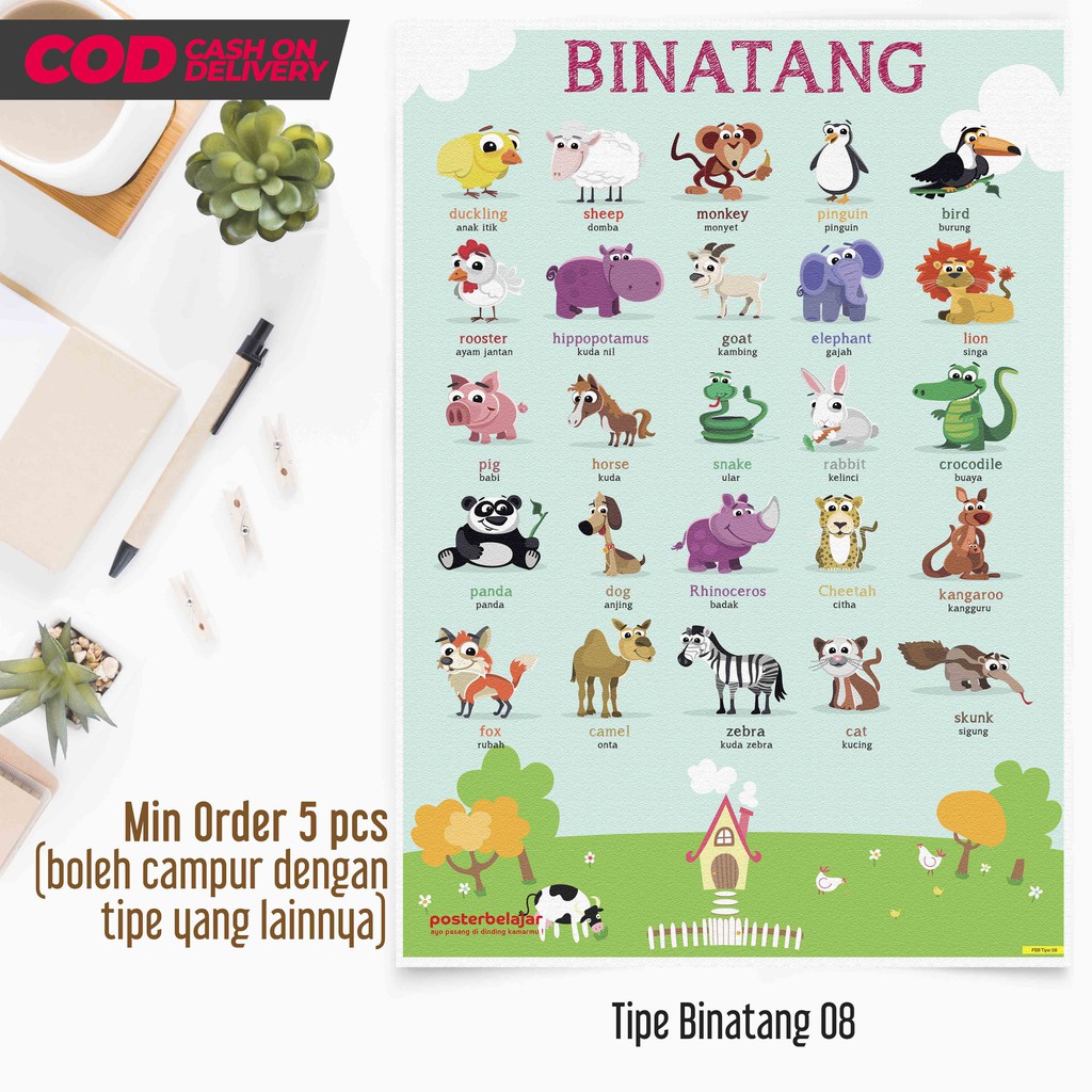 Tipe 08 Poster Pendidikan Belajar Mengenal Nama Hewan Berdesain