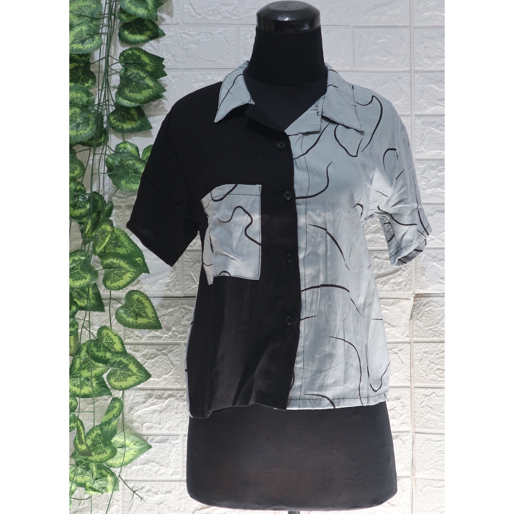 Baju Kemeja Wanita Two Tone Animal Kekinian / Kemeja dua warna / Top Wanita / Atasan Wanita-Cacing Mint 02