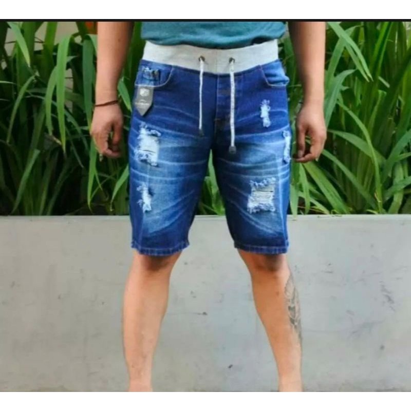 CELANA JEANS SOBEK PENDEK PRIA PINGGANG KARET / CELANA RIP JEANS SOBEK / RIP JEANS PENDEK SOBEK