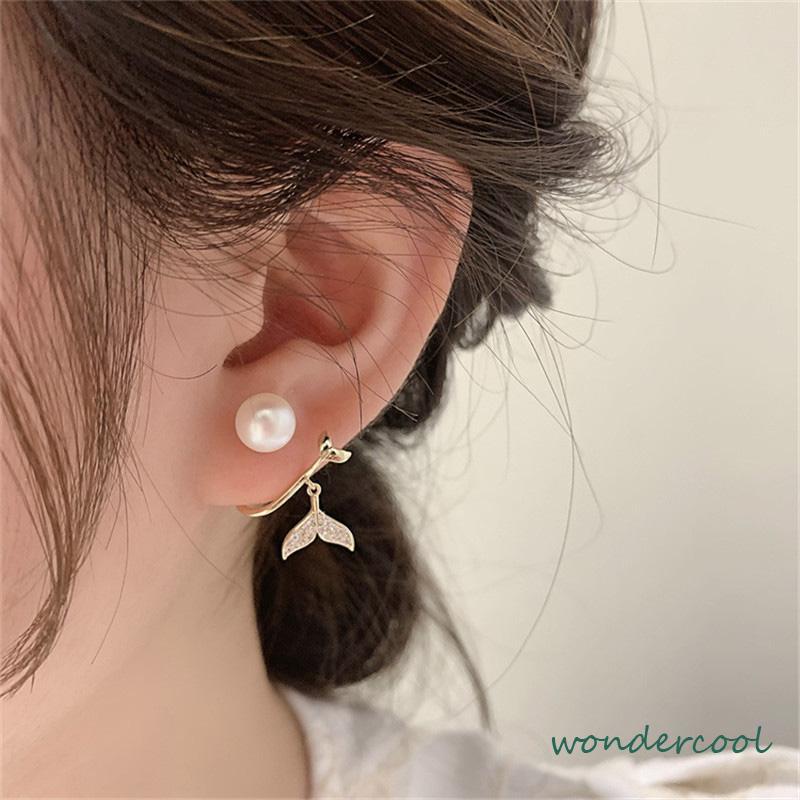 Pearl Fishtail Back Hanging Earrings Wanita High-end Cahaya Mewah Penuh Berlian Anting Geometris-Won