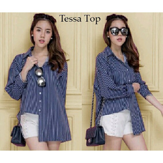sq 0596 Tunsa dress terusan tunik kemeja salur stripe garis wanita murah simple elegan pink biru