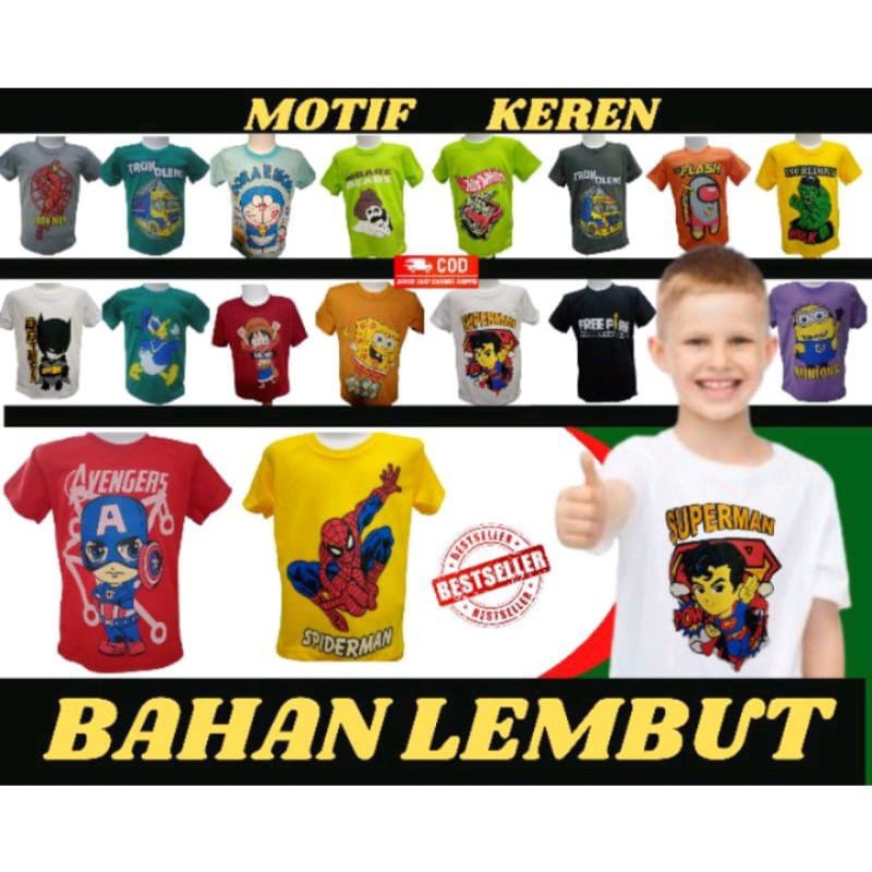 Baju / Kaos Distro Anak Laki Laki dan Perempuan/ Unisex / Baju / Motif Karakter / KAOS ANAK LAKI LAKI PEREMPUAN T SHIRT DISTRO MURAH ECERAN GROSIR COWOK CEWEK / Kaos anak distro anak laki laki superman logo batman logo iron man captain amrica spiderman