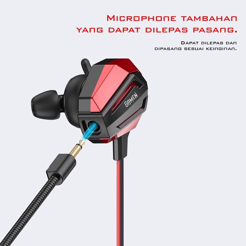 GAMEN GE100 Dual Microphone Virtual Stereo Surround Sound In-ear Gaming Headset Black Red-Garansi